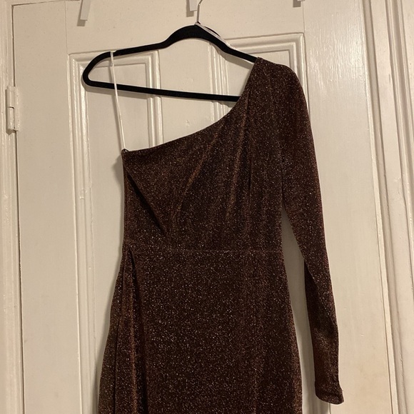 Lulus Brown Glitter One Shoulder Dress - Picture 2 of 5